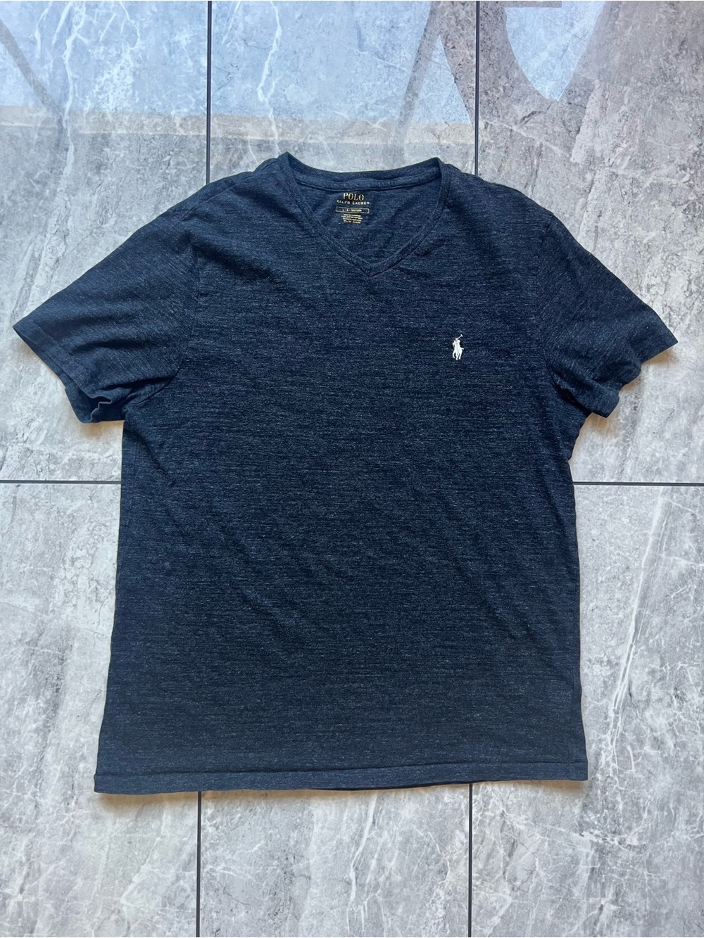 Polo Ralph Lauren Mens V-Neck T-Shirt Large Charcoal Gray Heather Cotton Pony